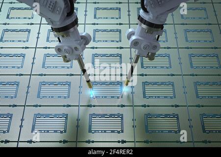 3D Rendering Roboterarme mit Chipsatz für die Halbleiterfertigung Stockfoto