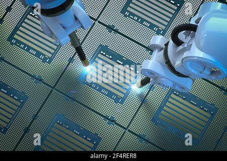 3D Rendering Roboterarme mit Chipsatz für die Halbleiterfertigung Stockfoto