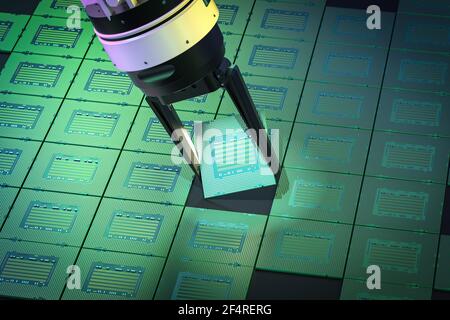 3D Rendering Roboterarm mit Chipsatz für die Halbleiterfertigung Stockfoto