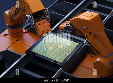 3D Rendering Roboterarme mit Chipsatz für die Halbleiterfertigung Stockfoto
