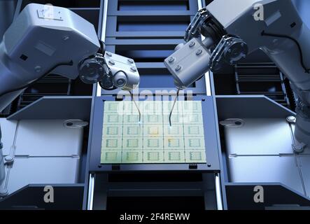 3D Rendering Roboterarme mit Chipsatz für die Halbleiterfertigung Stockfoto