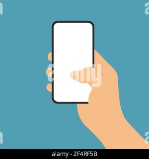 Flache Design Illustration von Mann oder Frau Hand halten mobil Telefon mit leerem weißen Touchscreen auf grünem Hintergrund - vektor Stock Vektor