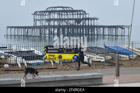 Brighton UK 23rd March 2021 - EIN Runner aus früh entlang Brighton Küste am ersten Jahrestag der Coronavirus COVID-19 Sperre in Großbritannien als das Land wird einen nationalen Tag der Reflexion mit einer Minute Stille am Mittag und Kerzen angezündet heute Abend an der Tür : Kredit Simon Dack / Alamy Live Nachrichten Stockfoto