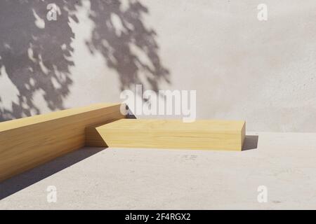 3D Holzpodium mit Blattschatten Stockfoto