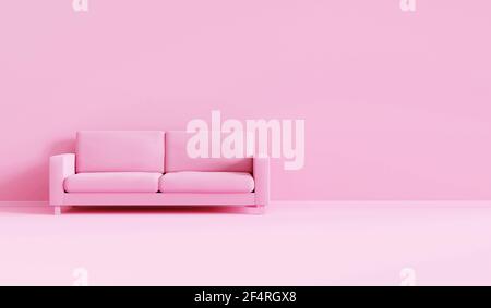 Modernes Sofa im rosa Wohnzimmer. Minimal Stil Konzept. Pastellfarben Stil. 3D Rendern. Stockfoto