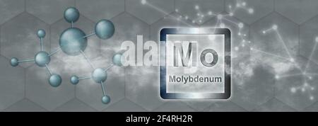 Mo-Symbol. Molybdän chemisches Element mit Molekül und Netzwerk auf grauem Hintergrund Stockfoto