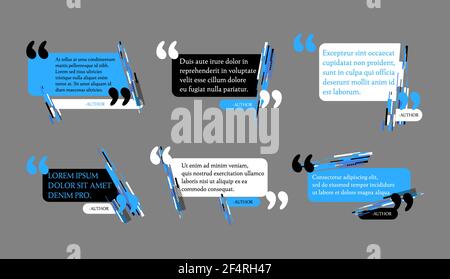 Textfeld „Abstract Quote“ festgelegt. Anmerkungsrahmen für Angebote. Vorlagen für Zitate und Anmerkungen zu Zitaten. Textbox Design, Info Tag, Blog oder Discus Stock Vektor