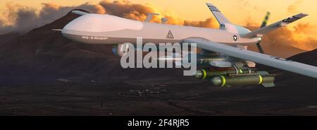 General Atomics MQ-9 Reaper Drohne fliegt bei Sonnenuntergang über den Bergen. Stockfoto