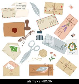 Vintage-Briefe und dekorative Briefmarken, Umschläge Stock Vektor