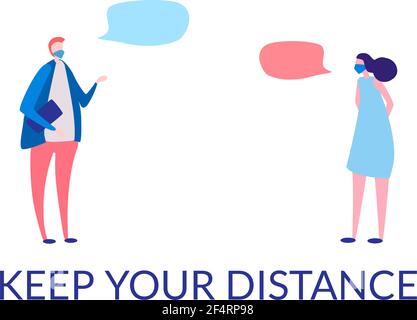 vektorbild von zwei maskierten Menschen, die in einer Entfernung kommunizieren. Der Aufruf, Abstand für die Prävention von Coronavirus COVID-19 zu halten. Stoppen Sie die Pandemie mit Isolationsmaßnahmen. Mann und Frau Stock Vektor