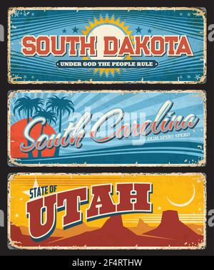 USA Utah, Carolina und South Dakota Platten, Amerika Staaten Vektor rostigen Zeichen mit Stadt Taglines. Amerikanische Staaten begrüßen Motto Zeichen und Emblem Flaggen Stock Vektor