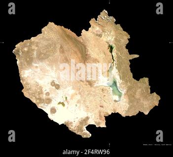 Oruro, Abteilung von Bolivien. Sentinel-2 Satellitenbilder. Form isoliert auf schwarz. Beschreibung, Lage der Hauptstadt. Enthält modifiziertes Copernicu Stockfoto
