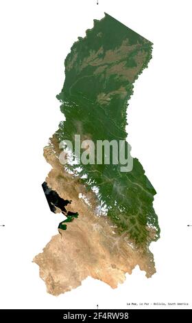 La Paz, Abteilung von Bolivien. Sentinel-2 Satellitenbilder. Form isoliert auf weißem Volumenkörper. Beschreibung, Lage der Hauptstadt. Enthält modifizierte Co Stockfoto