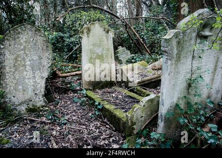 Überwuchert und baufällig Gräber, Nunhead viktorianischen Friedhof, London, Vereinigtes Königreich. Stockfoto