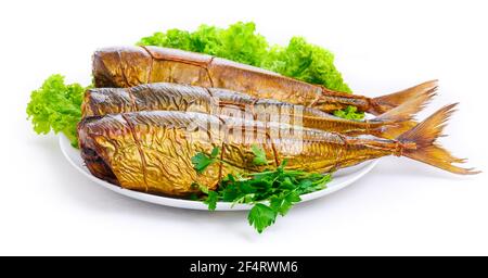 Leckeren geräucherten Fisch auf einer Platte Stockfoto