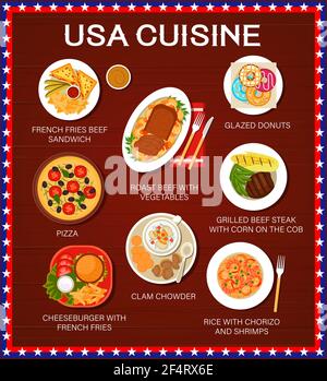 USA Cuisine Food-Menü, amerikanische Gerichte und Mahlzeiten Traditionelles Restaurant Mittag- und Abendessen, Vektor-Poster. AMERIKANISCHE Speisekarte mit Sandwich und französisch Stock Vektor