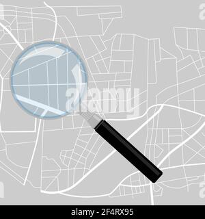 Suche auf der Karte Standort Konzept. Stadtplan Hintergrund und Lupe.Vektor Stock Vektor
