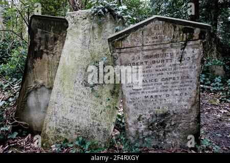 Überwuchert und baufällig Gräber, Nunhead viktorianischen Friedhof, London, Vereinigtes Königreich. Stockfoto