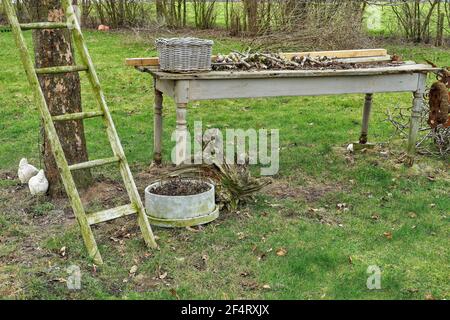 Gartenszene im Frühling. Ein alter Tisch hilft bei der Gartenarbeit Stockfoto