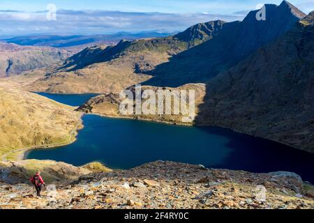 Blick von einer Wanderung zum Gipfel des Snowdon in Nordwales, Großbritannien Stockfoto