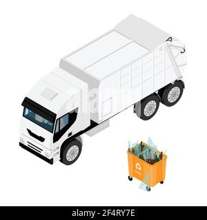 Garbage truck and container with sorted glass garbage. Recycling garbage separation collection. Vector Stock Vektor