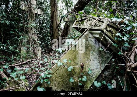 Überwuchert und baufällig Gräber, Nunhead viktorianischen Friedhof, London, Vereinigtes Königreich. Stockfoto