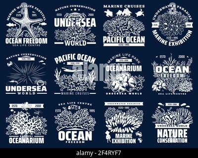 Ozeanarium, Unterwassermeer und Meerestiere, Vektor-Icons. Bootsrundfahrten, tropische Meeresfauna und Fischaquariumsausstellung. Unterwasserwelt, Stock Vektor