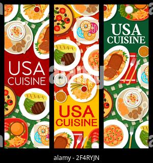 USA Food, amerikanische Küche Menü für Restaurant und Café, Vektor-Banner. Traditionelle amerikanische Küche Mittag-, Abendessen und Frühstück Gerichte, Sandwiches a Stock Vektor