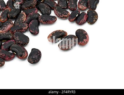 Nahaufnahme einer Gruppe von Läuferbohnensamen schwarz Und scalet bereit für die Bepflanzung auf weißem Hintergrund Stockfoto