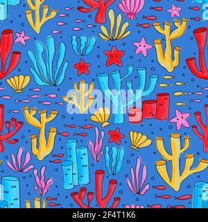 Ocean Coral Reef nahtlose bunte Hintergrund. Wiederholendes Muster mit Unterwasser-Elementen bemalt. Für Kinder tragen, niedlichen Stoff, Kinder Dekor, Sommer. Stockfoto