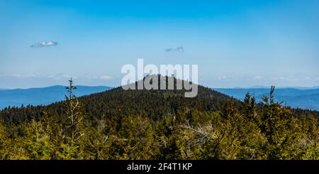 Hohe Bäume mit Panorama des Isergebirges von oben gesehen Felsen Stockfoto