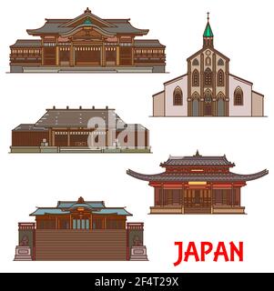 Japanische Architektur und Wahrzeichen, Tempel und Pagoden, Vektor japanische Gebäude. Japan Reisen Wahrzeichen und buddhistischen Schreine Takachiho-jinja und Aman Stock Vektor