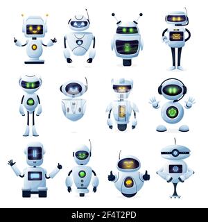 Roboter und Chatbots, AI Bots Charaktere, Vektor Cartoon Vektor Zukunft Maskottchen. Android-Roboter, Chatbots und digitale Cyborgs, futuristische Technologie ser Stock Vektor