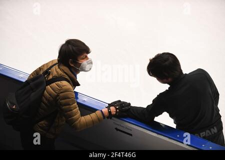 Stockholm, Schweden. März 2021, 23rd. Shoma UNO Japan, während der Männer üben bei der ISU World Figure Skating Championships 2021 im Ericsson Globe, am 23. März 2021 in Stockholm, Schweden. Quelle: Raniero Corbelletti/AFLO/Alamy Live News Stockfoto