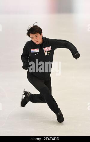 Stockholm, Schweden. März 2021, 23rd. Shoma UNO Japan, während der Männer üben bei der ISU World Figure Skating Championships 2021 im Ericsson Globe, am 23. März 2021 in Stockholm, Schweden. Quelle: Raniero Corbelletti/AFLO/Alamy Live News Stockfoto