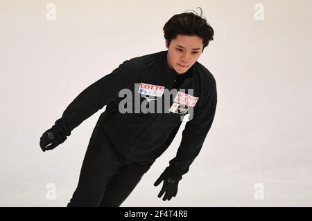 Stockholm, Schweden. März 2021, 23rd. Shoma UNO Japan, während der Männer üben bei der ISU World Figure Skating Championships 2021 im Ericsson Globe, am 23. März 2021 in Stockholm, Schweden. Quelle: Raniero Corbelletti/AFLO/Alamy Live News Stockfoto