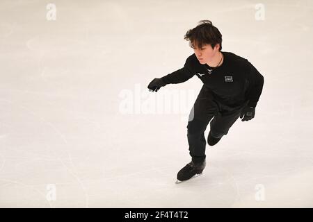 Stockholm, Schweden. März 2021, 23rd. Shoma UNO Japan, während der Männer üben bei der ISU World Figure Skating Championships 2021 im Ericsson Globe, am 23. März 2021 in Stockholm, Schweden. Quelle: Raniero Corbelletti/AFLO/Alamy Live News Stockfoto