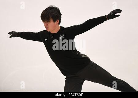 Stockholm, Schweden. März 2021, 23rd. Shoma UNO Japan, während der Männer üben bei der ISU World Figure Skating Championships 2021 im Ericsson Globe, am 23. März 2021 in Stockholm, Schweden. Quelle: Raniero Corbelletti/AFLO/Alamy Live News Stockfoto