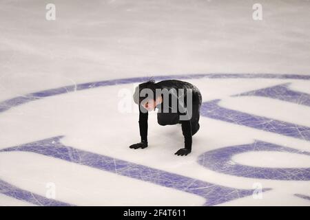 Stockholm, Schweden. März 2021, 23rd. Shoma UNO Japan, während der Männer üben bei der ISU World Figure Skating Championships 2021 im Ericsson Globe, am 23. März 2021 in Stockholm, Schweden. Quelle: Raniero Corbelletti/AFLO/Alamy Live News Stockfoto