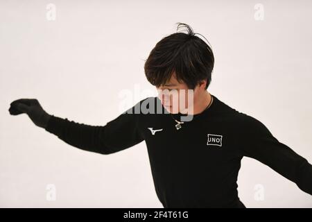 Stockholm, Schweden. März 2021, 23rd. Shoma UNO Japan, während der Männer üben bei der ISU World Figure Skating Championships 2021 im Ericsson Globe, am 23. März 2021 in Stockholm, Schweden. Quelle: Raniero Corbelletti/AFLO/Alamy Live News Stockfoto