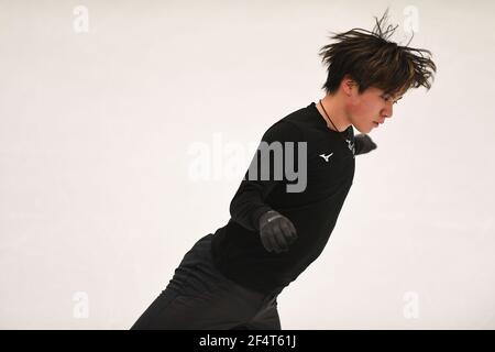 Stockholm, Schweden. März 2021, 23rd. Shoma UNO Japan, während der Männer üben bei der ISU World Figure Skating Championships 2021 im Ericsson Globe, am 23. März 2021 in Stockholm, Schweden. Quelle: Raniero Corbelletti/AFLO/Alamy Live News Stockfoto