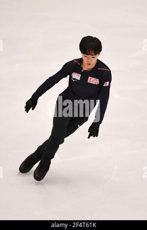 Stockholm, Schweden. März 2021, 23rd. Yuma KAGIYAMA Japan, während der Männer üben bei der ISU World Figure Skating Championships 2021 in Ericsson Globe, am 23. März 2021 in Stockholm, Schweden. Quelle: Raniero Corbelletti/AFLO/Alamy Live News Stockfoto