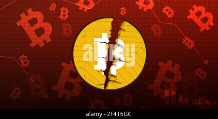 Bitcoin Geht Zurück. Geknackt 3D gerenderte Bitcoin auf rotem Graphen. Bitcoin stürzt Hintergrund mit roten Hintergrund und abnehmende Grafiken Stockfoto