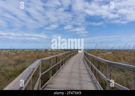 Eine hölzerne Promenade, die durch Küstenmarschen und Sanddünen führt Stockfoto