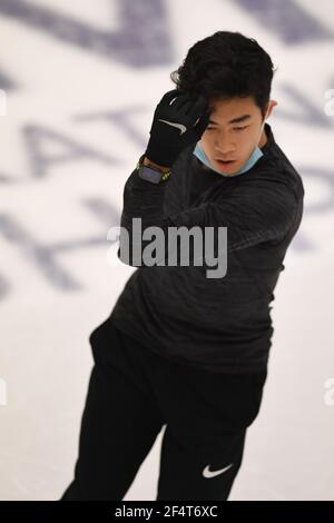 Stockholm, Schweden. März 2021, 23rd. Nathan CHEN USA, während der Männer üben an der ISU World Figure Skating Championships 2021 in Ericsson Globe, am 23. März 2021 in Stockholm, Schweden. Quelle: Raniero Corbelletti/AFLO/Alamy Live News Stockfoto
