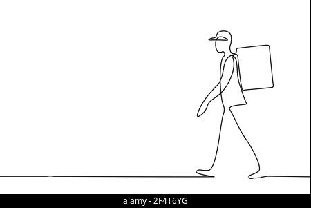 Eine Linie Kunst zu Fuß Lieferung Junge. Walk Road Food Shipping mobile App bestellen. Kontinuierliche Linie Paket thermische Tasche Rucksack Abendessen Mahlzeit. Schnelle Lieferung Stock Vektor