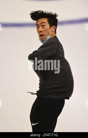Stockholm, Schweden. März 2021, 23rd. Nathan CHEN USA, während der Männer üben an der ISU World Figure Skating Championships 2021 in Ericsson Globe, am 23. März 2021 in Stockholm, Schweden. Quelle: Raniero Corbelletti/AFLO/Alamy Live News Stockfoto