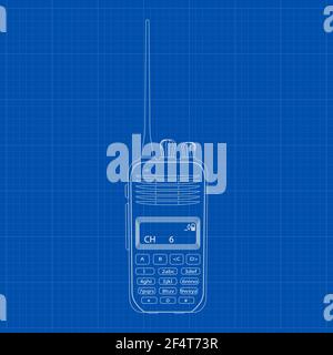 Funk-Transceiver. Modernes tragbares Radio. Flache Zeichnung auf Blaupause-Hintergrund. Auf weißem Hintergrund Vektorgrafik Stock Vektor