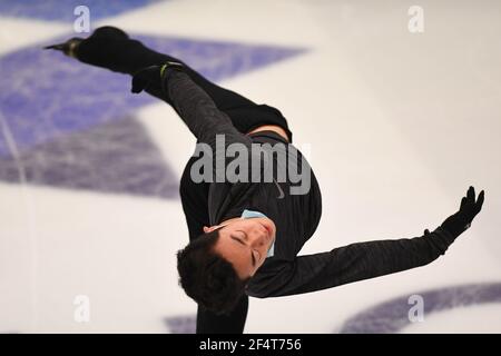 Stockholm, Schweden. März 2021, 23rd. Nathan CHEN USA, während der Männer üben an der ISU World Figure Skating Championships 2021 in Ericsson Globe, am 23. März 2021 in Stockholm, Schweden. Quelle: Raniero Corbelletti/AFLO/Alamy Live News Stockfoto
