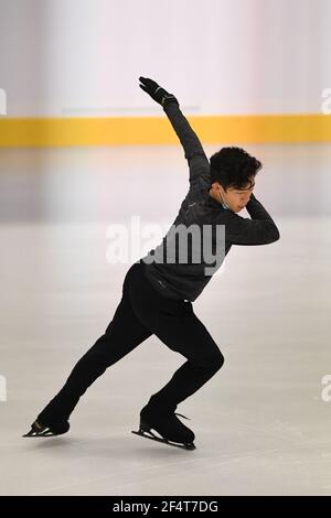 Stockholm, Schweden. März 2021, 23rd. Nathan CHEN USA, während der Männer üben an der ISU World Figure Skating Championships 2021 in Ericsson Globe, am 23. März 2021 in Stockholm, Schweden. Quelle: Raniero Corbelletti/AFLO/Alamy Live News Stockfoto